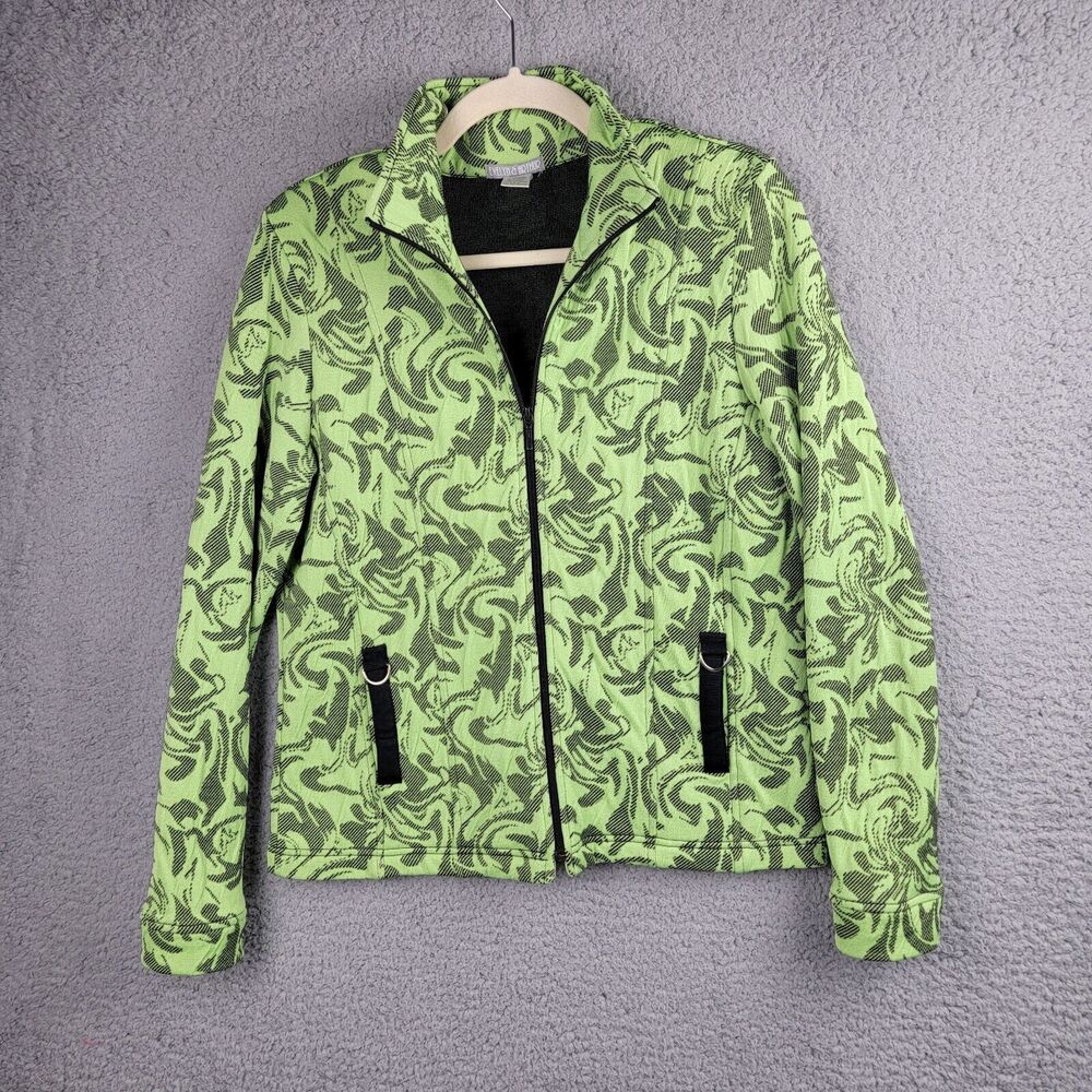 Evelyn & Arthur Jacket Womens Medium Green Black Full Zip Pockets Stretchy Chic